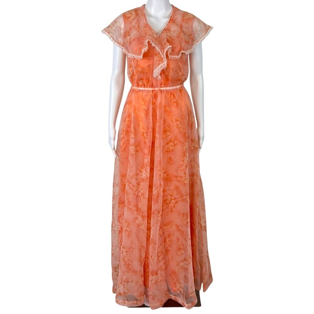 Vintage 80's Slip Maxi Dress Sheer Floral Overlay Ruffle Collar and Lace Trim S